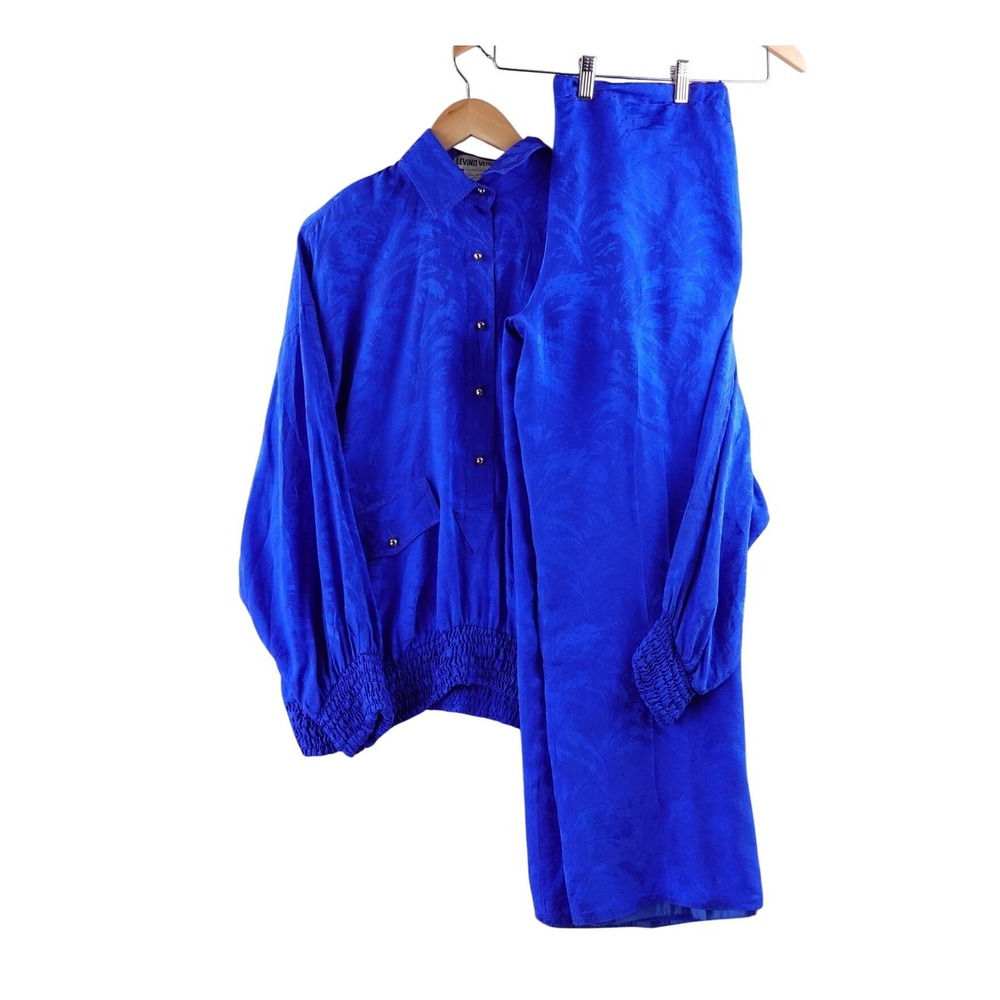Vintage Levino Verna Silk Jacquard Pant‎ Suit Set Royal Blue Women's M Designer